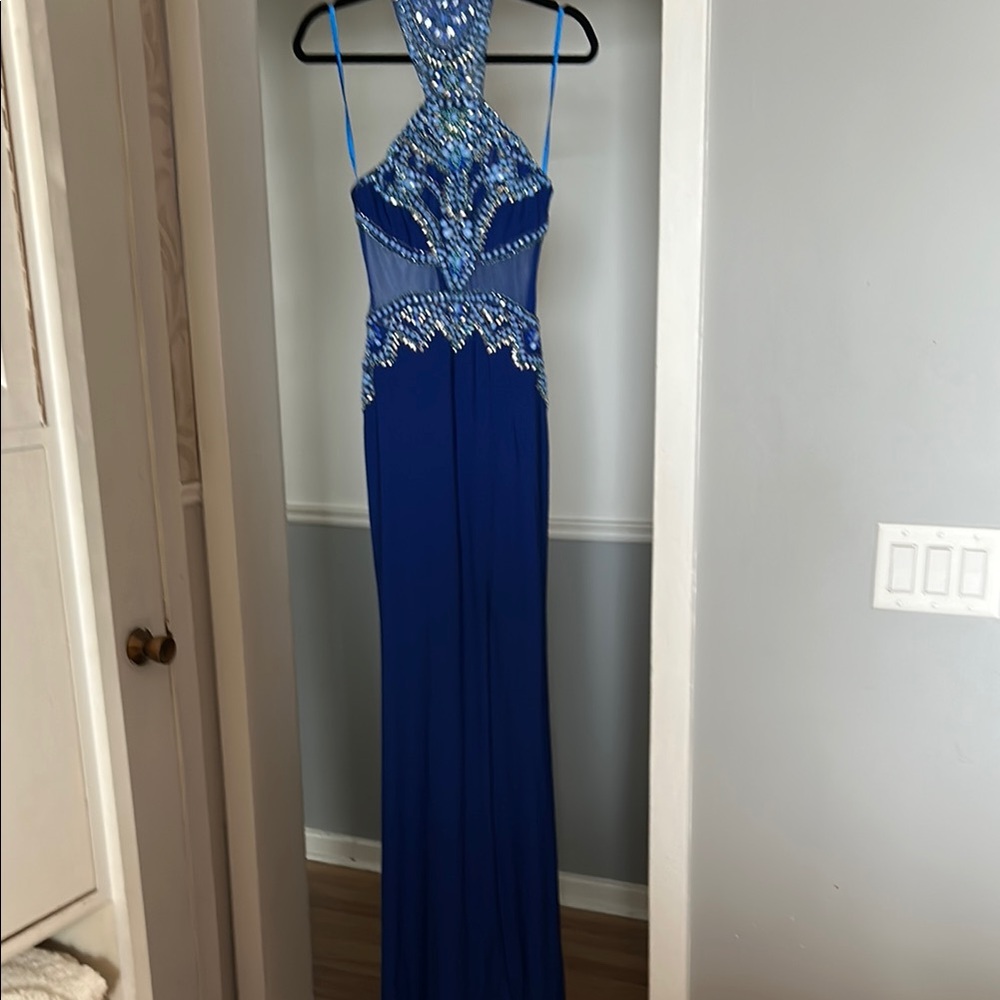 Elegant Blue Beaded Evening Gown
